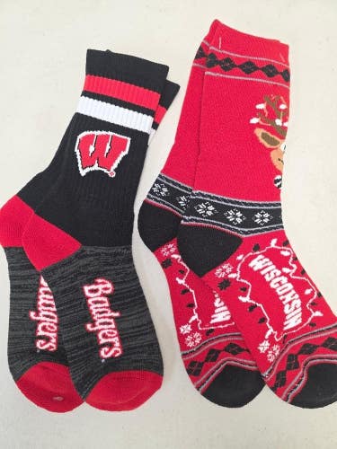 ST52 Mens NCAA WISCONSIN BADGERS Crew Socks Lot of 2 Pair LARGE New