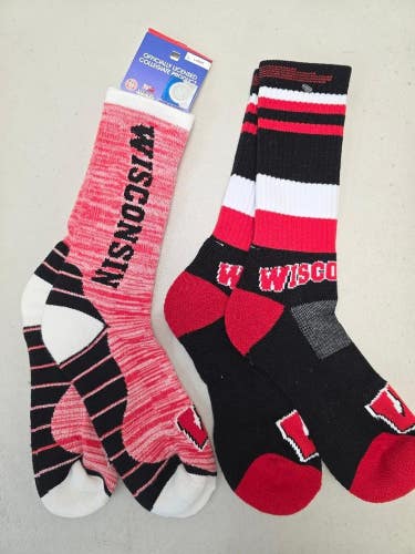 ST15 Mens NCAA WISCONSIN BADGERS Crew Socks Lot of 2 Pair LARGE New