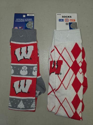 ST38 Mens NCAA WISCONSIN BADGERS Crew Socks Lot of 2 Pair MEDIUM New