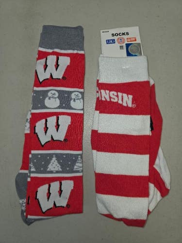 ST39 Mens NCAA WISCONSIN BADGERS Crew Socks Lot of 2 Pair MEDIUM New