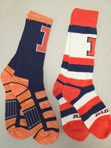 ST1a MENS NCAA ILLINOIS FIGHTING ILLINI Crew Socks Lot of 2 Pair LARGE New