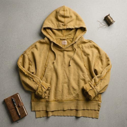 Free People Mustard Distressed Zip Up Hoodie M Slouchy Granola Girl Boho Grunge