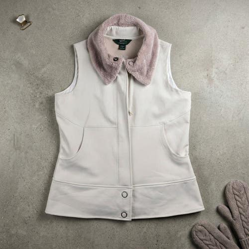 Woolrich Womens L Winter White Fleece Vest Faux Fur Collar Apres Ski Cozycore