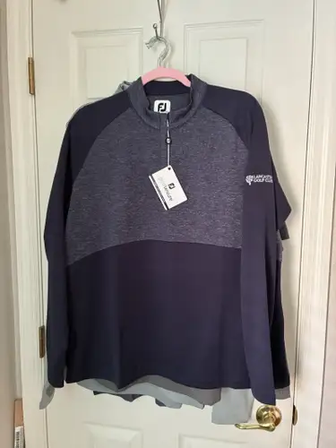Footjoy Golf 1/2 Zip Navy Pullover sleeve says Lancaster Golf Club