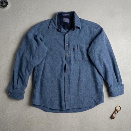 Vintage Pendleton L Blue Virgin Wool Flannel Suede Patches Cabincore Granola