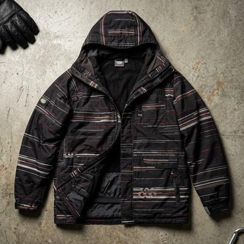 686 Mens XL Snowboard Jacket Black Striped Y2K Baggy Skicore Winter Ski