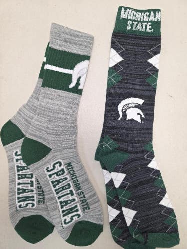 ST65 Mens NCAA MICHIGAN STATE SPARTANS Crew Socks Lot of 2 Pair LARGE New
