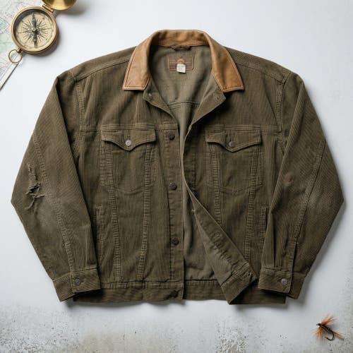 Vintage GAP Classic Corduroy Trucker Jacket XL Olive Green Distressed Leather