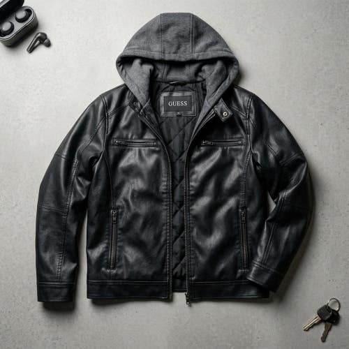GUESS Mens M Faux Leather Layered Moto Jacket Y2K Grunge Streetwear Biker