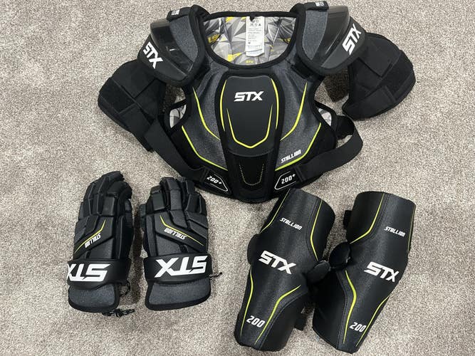 Youth Size Medium STX Lacrosse Chest and Shoulder Protector, Arm Pads and Gloves Starter Kit (Used)