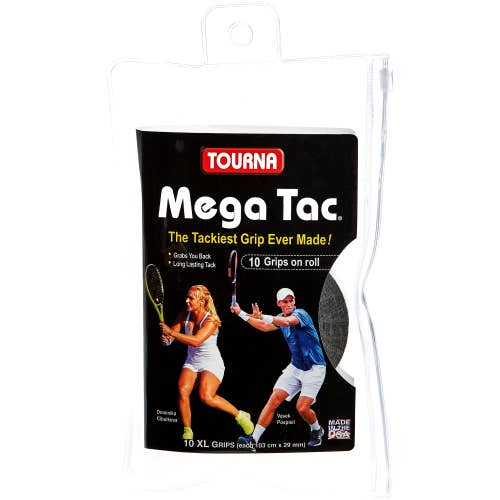 Tourna Mega Tac Extra Tacky Overgrip, Black, 10-Pack