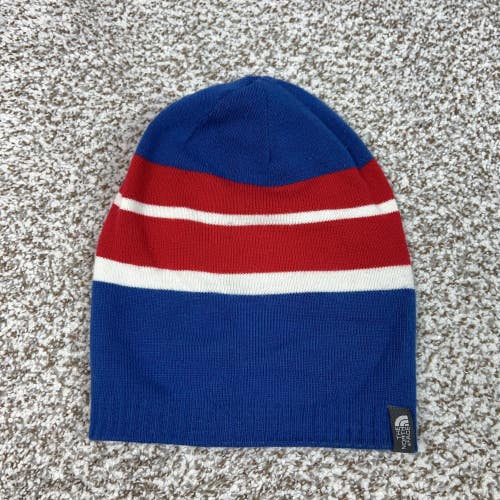 The North Face Hat Beanie Youth Medium Blue Red Stripe Knit Logo Boys Winter