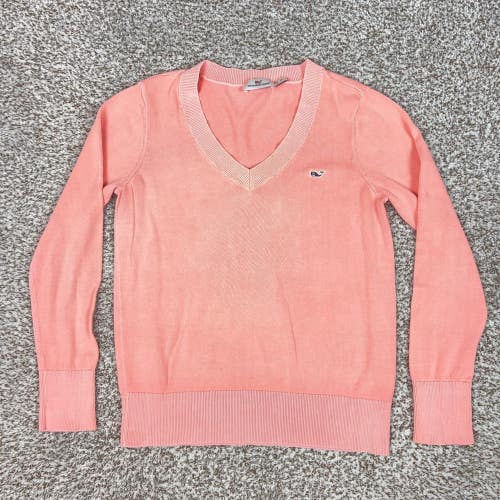 Vineyard Vines Sweater Womens XS Pink Cotton V Neck Knit Pullover Whale Logo