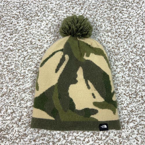 The North Face Hat Beanie Mens One Size Green Camo Pom Knit Winter Outdoor Army