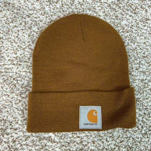 Carhartt Hat Mens One Size Brown Winter Ribbed Knit Cuffed Warm Cap Workwear