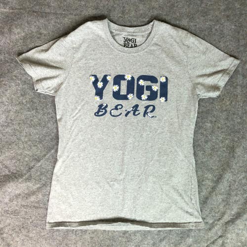 Yogi Bear Womens Shirt Small Gray Navy Short Sleeve Tee Cartoon Graphic Floral