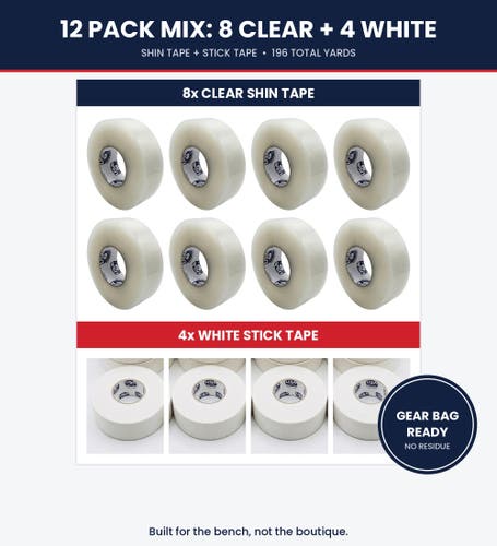 Hockey Tape Mix Pack, 8 Clear Shin + 4 White Stick, Bulk 12 Rolls