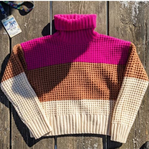 Hippie Rose Waffle Knit Turtleneck Sweater S Pink Colorblock Dopamine Y2K
