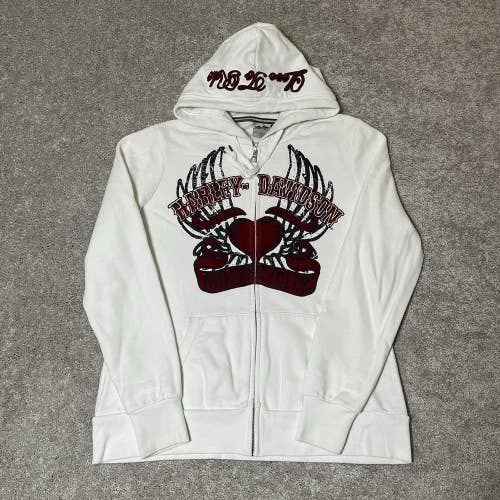 Harley Davidson Full Zip Hoodie Women's XL White Rhinestone Velvet Grunge Y2K