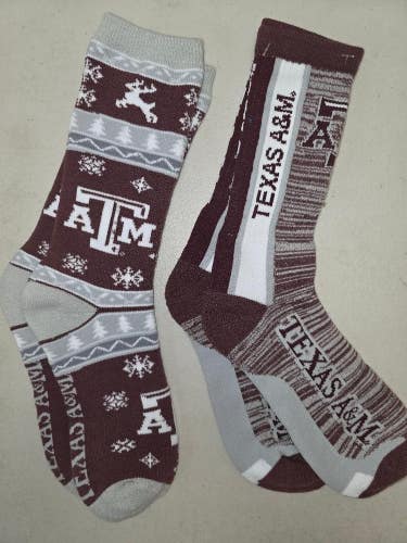S33a Mens NCAA TEXAS A&M AGGIES Lot of 2 Pair Crew Socks LARGE New