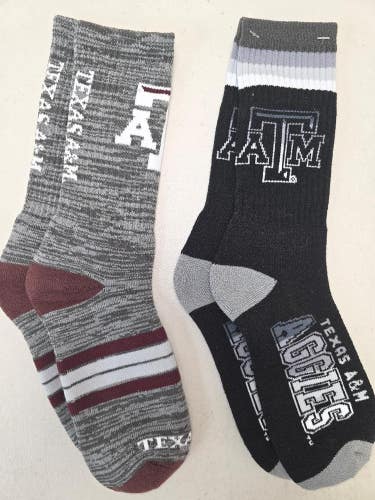 S43 Mens NCAA TEXAS A&M AGGIES Lot of 2 Pair Crew Socks LARGE New