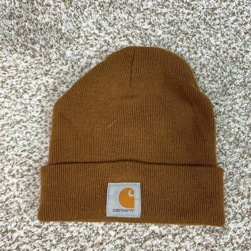 Carhartt Hat Mens One Size Brown Winter Ribbed Knit Cuffed Beanie Workwear Logo
