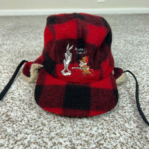 Vintage Looney Tunes Hat Mens One Size Red Winter Flap Buffalo Plaid Bugs Bunny