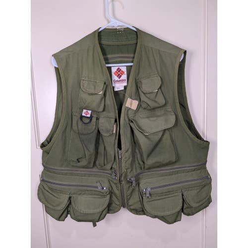 Columbia Sportswear Vintage Fishing Vest Olive Green Multi-Pocket XL Patches