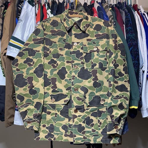 Vintage 60s 70s Frog Skin Camo Button Chore Duck Hunting Coat RARE Size M/L
