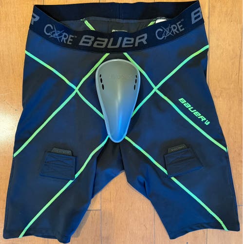 Bauer Core 1.0 Pro Compression Jock Shorts Adult XL with Mueller Cup & Socks Velcro Tabs (Used)