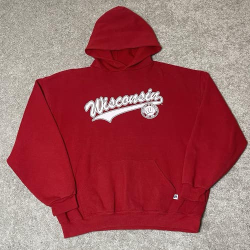 Vintage Russell Athletic Wisconsin Badgers Red Graphic Spellout Hoodie Mens XL