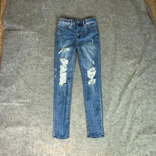 American Eagle Womens Jeans 4 Long Blue Denim Skinny High Rise Jegging Grunge