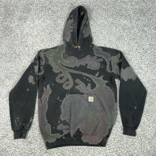 Carhartt Hoodie Mens Small Black Pullover Fleece Sweatshirt Bleach Dye Logo Work