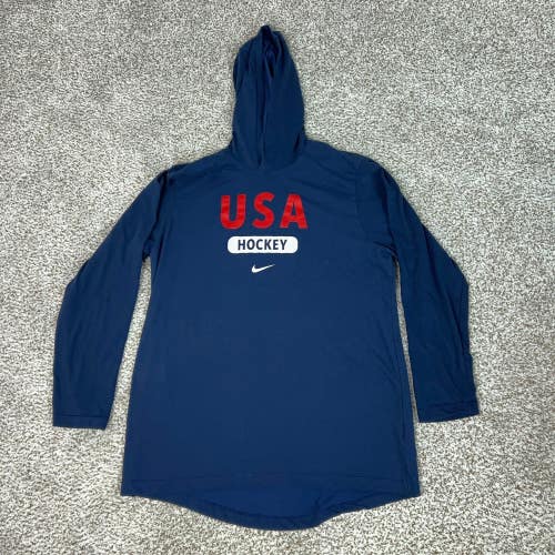 Nike Shirt Mens Large Blue USA Hockey Long Sleeve Hooded Top Sports Dri Fit Top