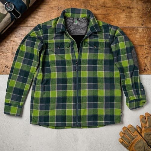 Stio Full Zip Flannel Shirt Jacket Large Green Plaid Cabincore Mountain Gorpcore