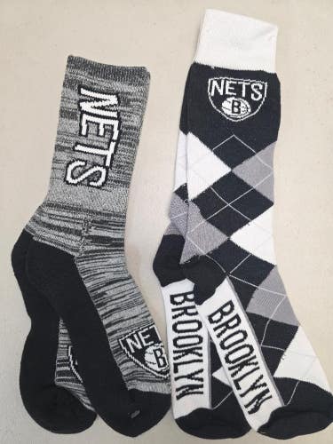 ST4 Mens NBA BROOKLYN NETS Crew Socks Lot of 2 Pair LARGE New
