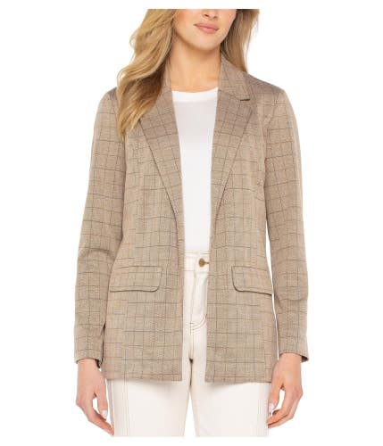 Liverpool Los Angeles Blazer Jacket Womens L Khaki Grid Check Open Front GBO3502