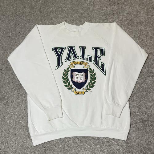 Vintage Yale University Crest Big Logo Graphic Crewneck Sweater Mens XL White