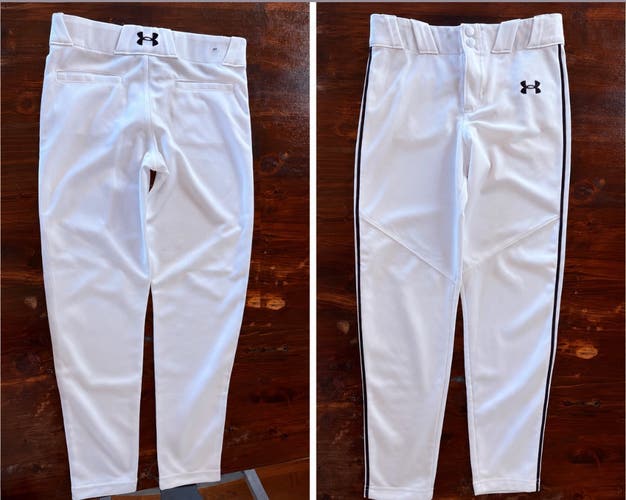 White Medium Youth Under Armour Game Pants w Navy Stripe  (New)