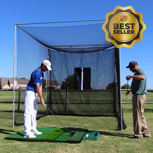Cimarron 10x10x10 Masters Golf Net with Frame Kit, 4x6 Ultimate Golf Mat, & Ball