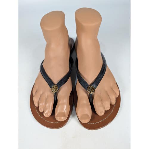 Tory Burch Terra Black Tan Leather Logo Thong Flat Sandals Womens 11M