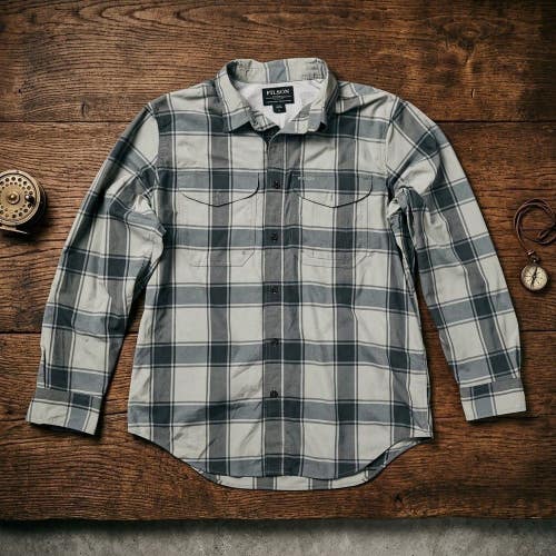 Filson Mens L Plaid Nylon Button Down Shirt Gray Green Technical Outdoors Gorp