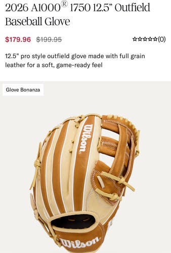 Wilson A1000 RH Outfield Baseball Glove 12.5" (New)