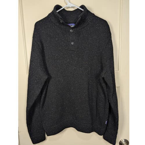 Patagonia Mens L Black Flecked Tweed Knit Mock Neck 3 Button Pullover Sweater