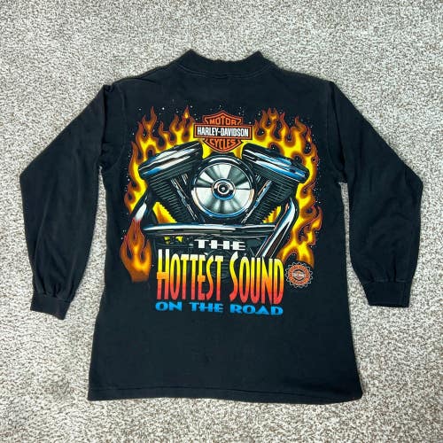 Vintage Harley Davidson Shirt Mens Medium Black Biker Engine Flames Tee USA 90s