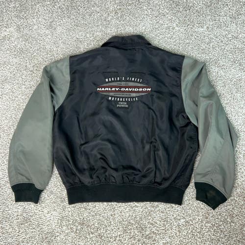 Harley Davidson Jacket Mens Large Black Grey Riding Biker Embroidered Nylon Zip
