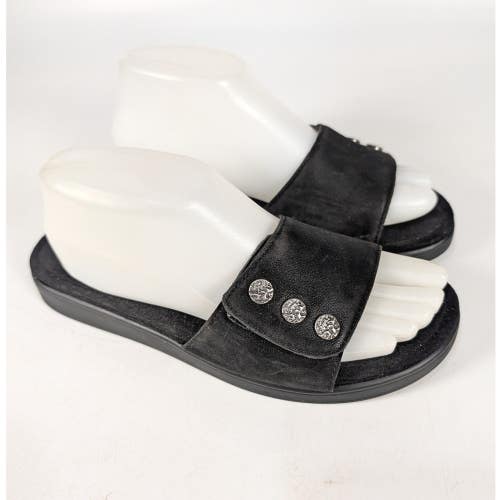Alegria by PG Lite Lily Black Slide Sandals Adjustable Strap Silver Buttons 39