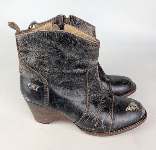 Bed Stu Gentry Cobbler Wedge Ankle Boots Womans Size 7 Black Lux Distress