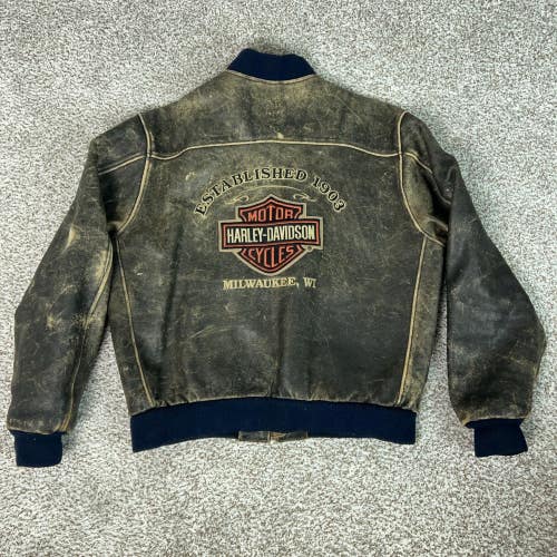 Vtg Harley Davidson Jacket Men Large Brown Distressed Biker Embroidered Leather