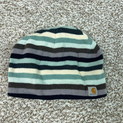 Carhartt Hat Womens One Size Blue Striped Winter Fleece Lined Knit Beanie Cap